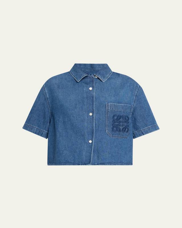 Anagram Pocket Short-Sleeve Crop Denim Shirt